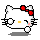 Pixel art of a white cat with red bow, yellow nose, and pink cheeks in four distinct expressions on gray background.