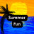 Pixelated beach scene with palm tree and sunset over water, adjacent to stacked text blocks on blue background.