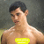 Pixelated image of a shirtless person with dark hair wearing yellow text on chest against gray background.