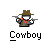Pixel art cowboy character with brown hat, red scarf, and dual pistols in two static frames on gray background with promotional text.