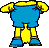 Yellow cartoon character in blue overalls and shoes, shown from multiple angles with varying arm positions against a gray background.