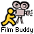 Yellow stick figure stands left of a film camera with two reels, below "Film Buddy" text on gray background.