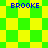 Four identical pixelated images of a green and yellow checkered pattern with blue text reading BROOKE at four corners.