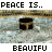 A static icon featuring a black and gold Kaaba-like structure on a textured background with repeated 'PEACE IS..' text above it.