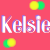 Pixelated text 'Kelsie' repeated on a pink background with scattered multicolored circles.
