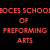Pixelated text displays 'BOCES SCHOOL OF PREFORMING ARTS' in red, brown, and yellow with 'WHERE FRIENDS BECOME...' below; three versions of 'SISTERS' appear in green, blue, purple with heart symbols.
