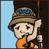 Pixelated character wearing brown hat with red band, orange shirt, and dark vest against blue background.