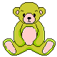 Green teddy bear with pink accents in multiple poses including waving, sitting upright, and holding a purple heart.