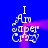 Blue background with four white pixelated text blocks reading "I Am Super Crazy" and two pink glowing lines connecting them in a loop.