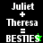 Pixelated text displays 'Juliet + Theresa = BESTIES' with a dollar sign replacing the 'S' in 'BESTIES' on a black and green background.