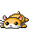 Pixel art hamster-like character in multiple poses with orange fur, white chest, pink ears, and black eyes on gray background.