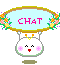 Pixelated chat icon with light blue oval frame, pink 'CHAT' text, floral border, and white rounded head with changing facial expressions.