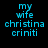 Four display identical pixelated text 'my wife christina criniti' in cyan on black, gray, white, and dark gray backgrounds