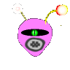 Pink teardrop-shaped head with black eye slit, green circular eyes, and gray mouth area; yellow antennae hold colored orbs that change position across frames.
