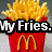 Animated sequence showing a red McDonald's fries container with golden fries, displaying changing text overlays across frames.