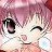 Pixelated anime-style face with pink hair, large black eyes, and a closed-eye smile on a pink gradient background.