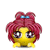 Yellow spherical character with pink curly hair and blue bow, displaying multiple facial expressions including wide eyes, closed eyes, smiling, and blushing in a