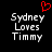 Pixelated text 'Sydney Loves Timmy' in white on black background with red heart symbol above left text block.