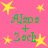 Pink background with yellow stars and green text reading 'Aloa + Zach' in four identical quadrants.