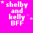 A bright pink background displays white text reading 'shelby and kelly BFF' with small white stars scattered around, animated to shift positions across frames.