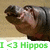 Pixelated image of a hippopotamus with brown and gray tones, mouth open showing teeth, green text "I <3 Hippos" at bottom.