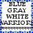 Pixelated text and blue square border on white background, with repeated color labels and partial 'WARRIORS' text across two