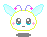 Pixel art character with large eyes, pink cheeks, and light blue wings in four variations showing wing position changes.