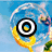 Pixelated icon with four quadrants showing a globe, letter M, wave, and summer text on fire background.
