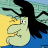 Pixelated cartoon character with light green body, black hair, and yellow beak-like nose against blue and teal background.