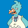 Pixelated cartoon bird with light blue feathers, orange beak, and white eyes, wearing a white vest over a light blue shirt with a purple bow tie, set against a solid blue background.