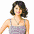 A pixelated image of a woman with short brown hair wearing a gray spaghetti-strap top and a necklace, standing next to a blue cartoon character with red accents.