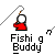 Pixelated red figure holding fishing rod with curved line, text below reads 'Fishing Buddy' in white block letters on gray background.