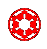 Six red circular and oval-shaped pixelated icons with central cutouts arranged in two on a gray background, showing variations in shape and orientation