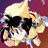 Pixelated character with light hair and dark sunglasses against a gradient background of purple, red, and brown hues.