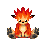 A 48x48 pixel animated contact sheet showing seven sequential frames of a small orange cartoon creature with flame-like hair, sitting on gray background in various poses and expressions.