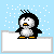 Pixel art contact sheet of six animated AIM buddy icons featuring winter and animal characters on snow-covered platforms with falling snow background.