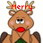 Pixelated reindeer with antlers, red nose, and green vest holding a Christmas tree under red text reading 'Merry' on left and 'Christmas!' on right.