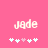 Pixelated text 'jade' in light pink on bright pink background with five white and one light pink heart symbols below.