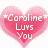 Pixelated heart-shaped icon with pink gradient background and white text reading 'Caroline Luys You' surrounded by small star symbols.