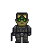 Pixelated character with green glowing eyes, dark tactical gear, and a pistol in hand against gray background.