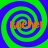 Four identical spiral patterns arranged in a , each containing orange text reading 'Rachel' over green and blue concentric spirals