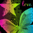 Pixelated abstract composition with overlapping star and leaf shapes in pink, yellow-green, teal, and dark brown against black background.