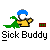 Animated contact sheet of a pixel art buddy icon showing a character with blue helmet and yellow body holding a white stick, interacting with green dinosaur-like creature while red health bar changes across frames.