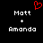 Pixelated black background with white text reading 'Matt + Amanda' on both sides and a red heart symbol above the left text.