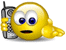 Animated yellow emoji holding a silver flip phone, cycling through five distinct mouth expressions while maintaining consistent pose and background.