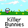 Animated contact sheet of 5x5 grid showing multiple frames from a pixel art animation featuring green cartoon bunnies, white stick figures, and pink baskets on grassy backgrounds with blue skies.