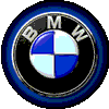 Six circular BMW logos arranged in two , each with blue and white quadrants, black outer rings, and silver or blue borders, showing variations in border style and text visibility