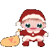 Pixelated cartoon character in Santa outfit with two distinct poses: one seated holding a sack, another standing with sack raised.