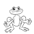 Pixelated grayscale character with large eyes, a wide smile, and tangled limbs holding flower-like shapes.