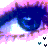 Pixelated close-up of a blue eye with pink and purple eyelid shading, featuring small black-and-cyan symbols below the eye in